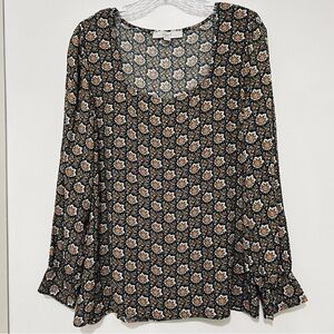 LOFT Garden/Floral Square Neck Blouse Women's Long Sleeve Floral Top Size M